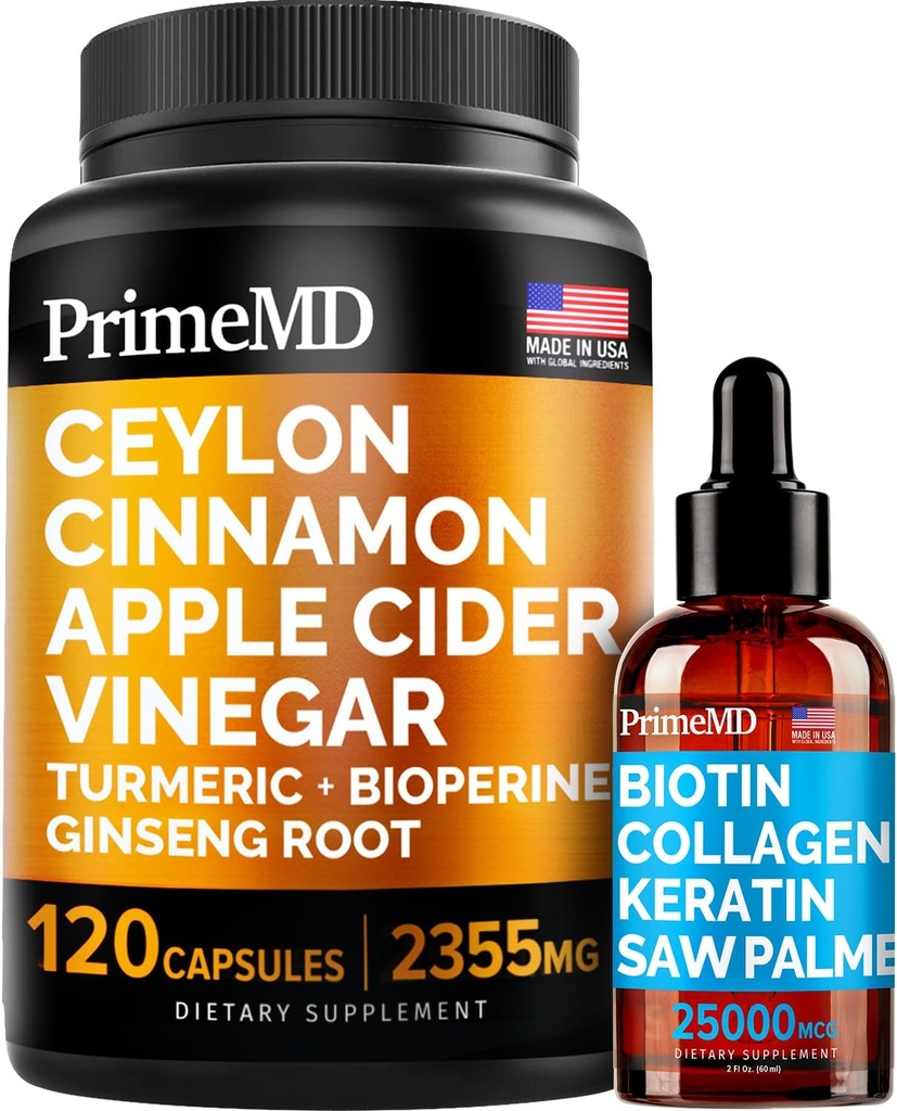 4-en-1 Liquid Biotin Collagen Keratin Saw Palmetto Drops (2 fl oz - 1 Pack) & 5-en-1 Ceylan Cinnamon w Turmeric & Ginseng Root (120ct) Bundle - Cheveux, peau, ongles et supplément de soutien immunitaire