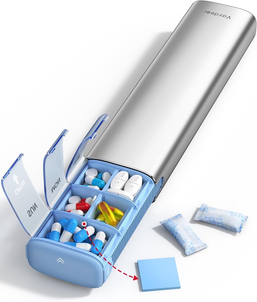 Vaydeer Organisateur hebdomadaire de pilules de 7 jours (support 2 fois par jour), cas de pilules de voyage en métal, boîte quotidienne de pilules de forte capacité pour suppléments, pilules, vitamines et médicaments (livraison)