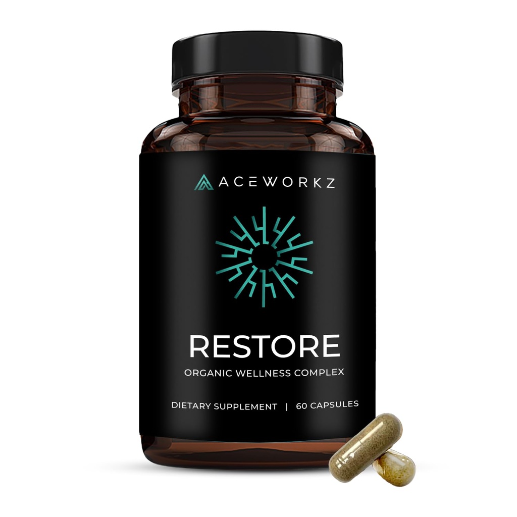 ACEWORKZ Restore - Sea Moss Complex Supplement – 12,000mg Organic Herbal Formula for Gut, Immune & Stress Support – with Ashwagandha, Black Seed Oil & BioPerine® for Enhanced Absorption (60 Capsules)