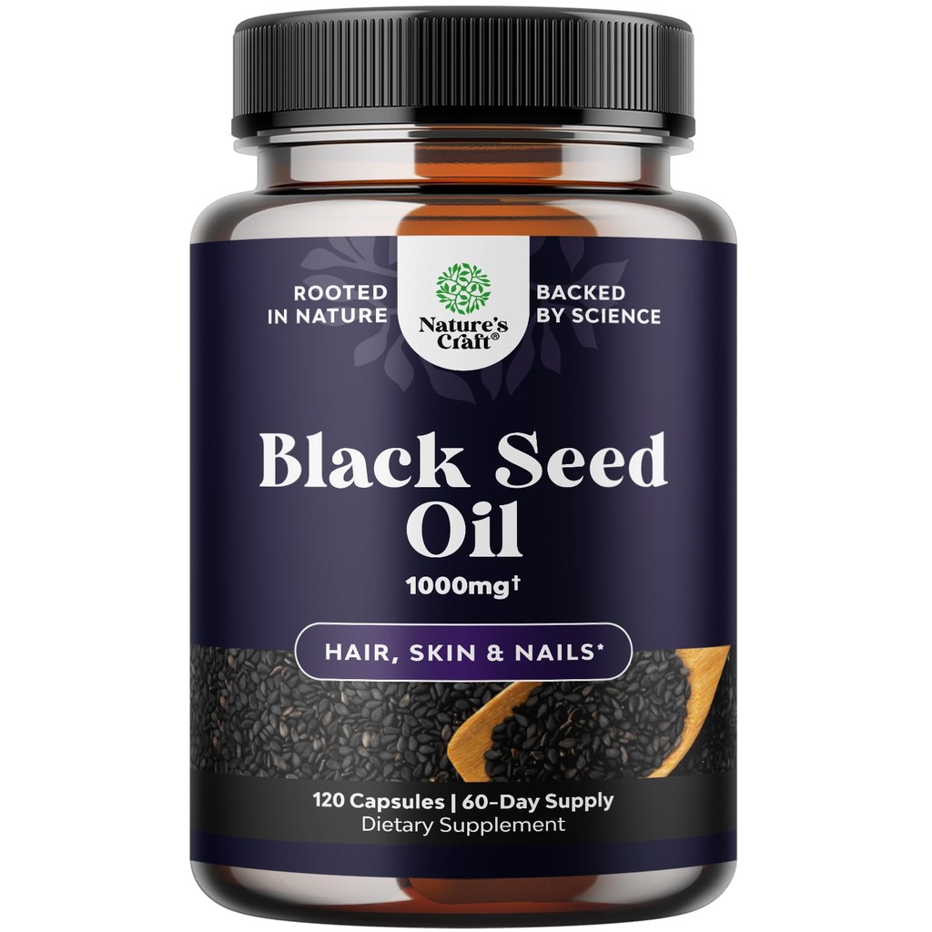 Capsules d'huile de graines noires pressées à froid - Vegan Nigella Sativa Capsules d'huile de graines de cumin noir avec Omega 3 6 9 Antioxydants et Thymoquinone pour la croissance des cheveux Immune Soutien articulaire santé et digestion
