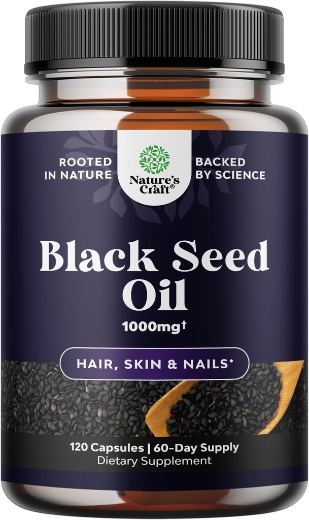 Cold Pressed Black Seed Oil Capsules - Vegan Nigella Sativa Black Cumin Seed Oil Capsules with Omega 3 6 9 Antioxidants and Thymoquinone for Hair Growth Immune Support Joint Health and Digestion
