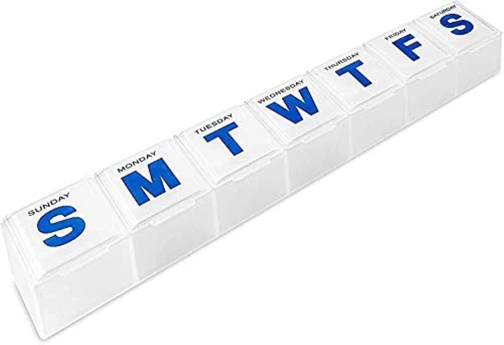 Organisateur hebdomadaire de pilules - Extra Large Pill, Médecine, Vitamine Organizer Box, Conteneur de planificateur hebdomadaire quotidien avec des lettres faciles à lire, sans BPA - Voyage quotidien de 7 jours Pill Box