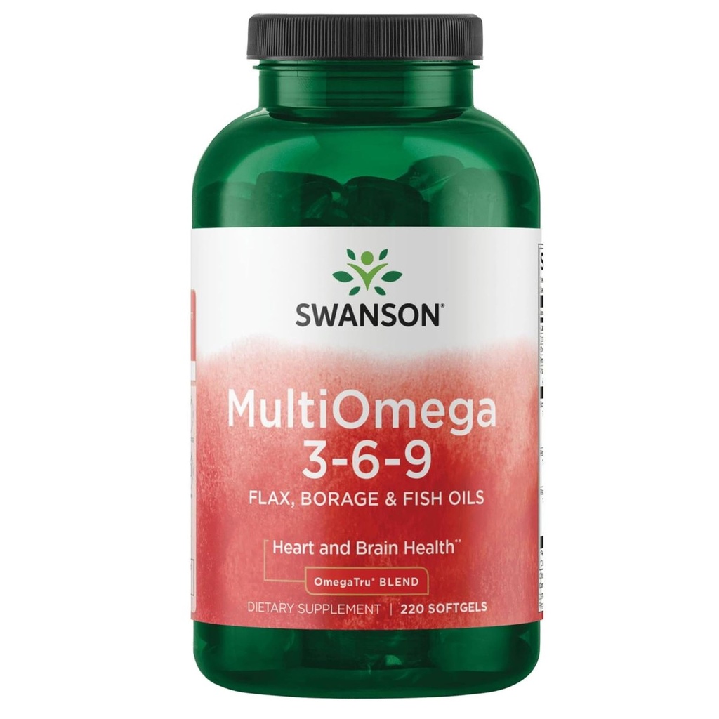 Swanson MultiOmega 3-6-9 - Capsules de lin, de bore et d'huile de poisson non OGM - Acides gras essentiels favorisant la santé cardiovasculaire et la santé du cerveau - (220 Softgels, 2400mg portion)