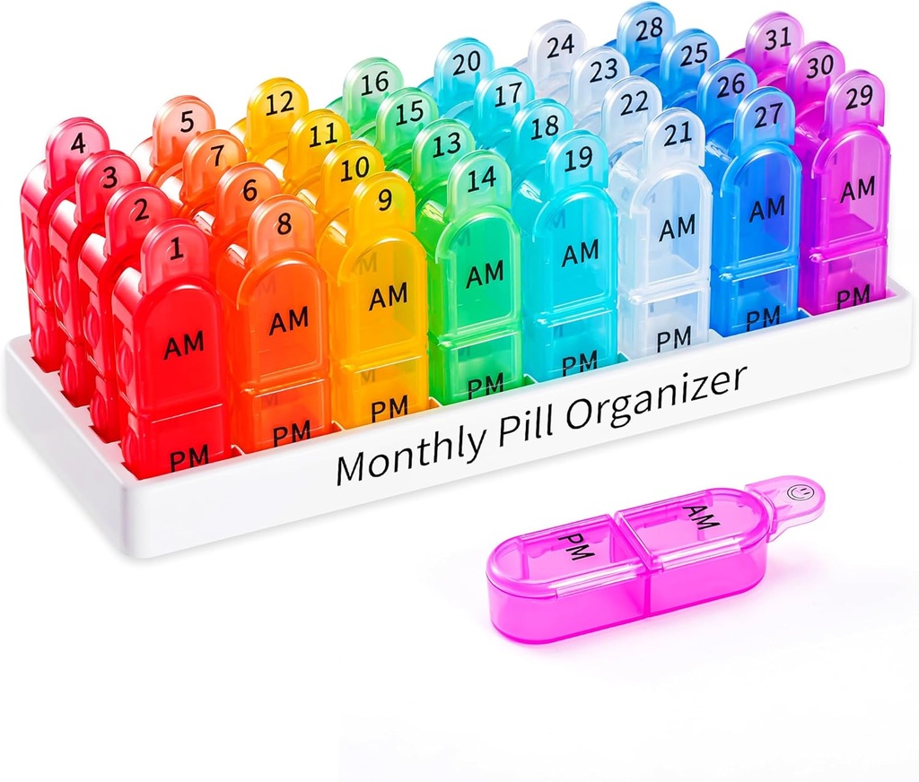 Daviky Monthly Pill Organizer 2 fois par jour - 30 jours Pill Box AM PM, BPA gratuit un mois organisateur de médecine deux fois par jour, 31 jours cas pour tenir les vitamines, suppléments et médicaments
