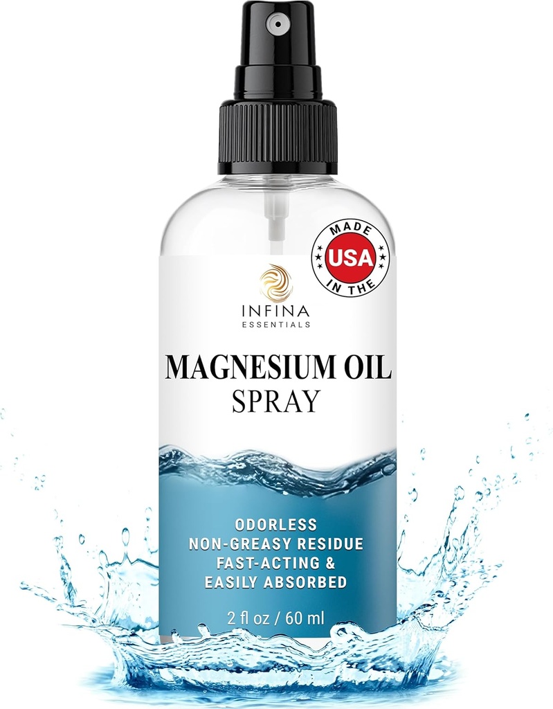 Spray d'huile de magnésium topique – Vaporisateur de chlorure de magnésium hydratant et absorbant rapidement pour le corps, les pieds et la peau – sans odeur, liquide non gras pour les femmes, les hommes et les enfants – 2 fl oz