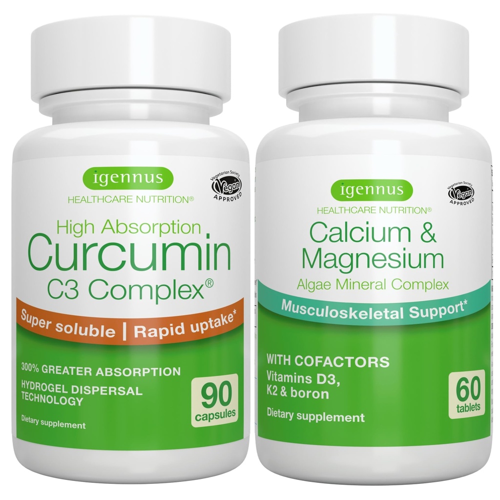 Complexe de Calcium et Magnésium d'algues + Complexe de Curcumine C3 à haute absorption, ensemble végétalien pour os, articulations et récupération de l'exercice, par Igennus