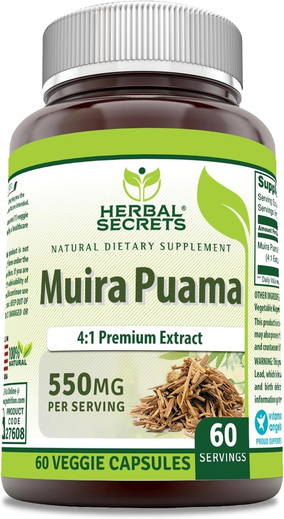 Secrets à base de plantes Muira Puama 4:1 Supplément à l'extrait de 550 mg 60 Gélules sans OGM Fabriqués aux États-Unis