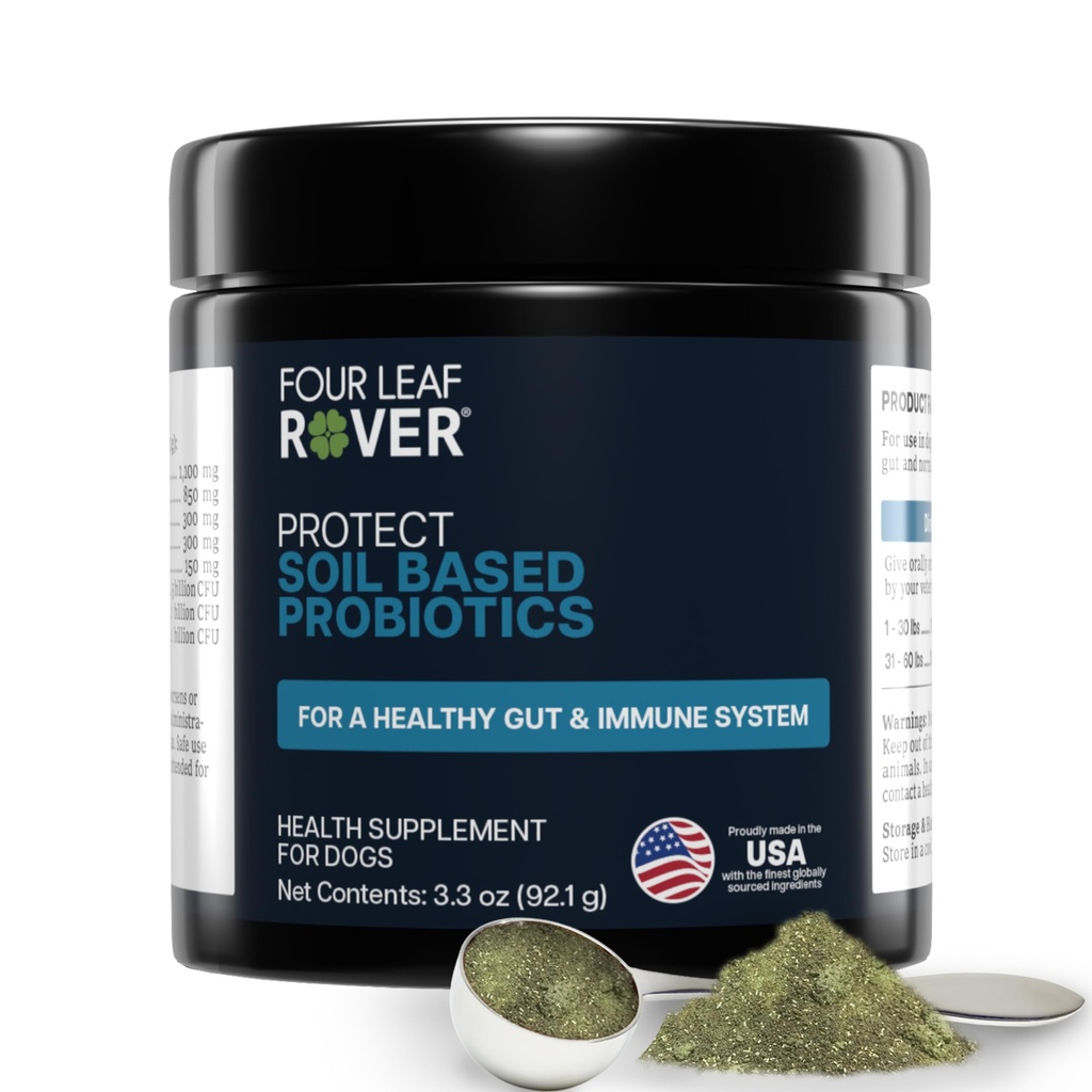 Four Leaf Rover Protect - Probiotiques pour chiens - Vétérinaires préparés - avec prébiotiques naturels et antioxydants - Détoxification et santé des gorgés - 30 jours d'approvisionnement pour chiens