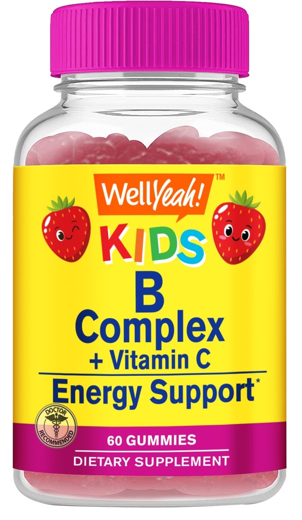 Et bien Ouai B Gommies complexes pour enfants - avec vitamine C, niacine, vitamine B6, acide folique, vitamine B12, biotine et acide pantothénique - 2 mois d'approvisionnement - saveur de fraise - non OGM, sans gluten - 60 gommies