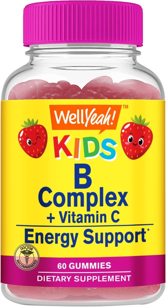 WellYeah B Complex Gummies for Kids - with Vitamin C, Niacin, Vitamin B6, Folic Acid, Vitamin B12, Biotin & Pantothenic Acid - 2 Month Supply - Strawberry Flavor - Non GMO, Gluten Free - 60 Gummies