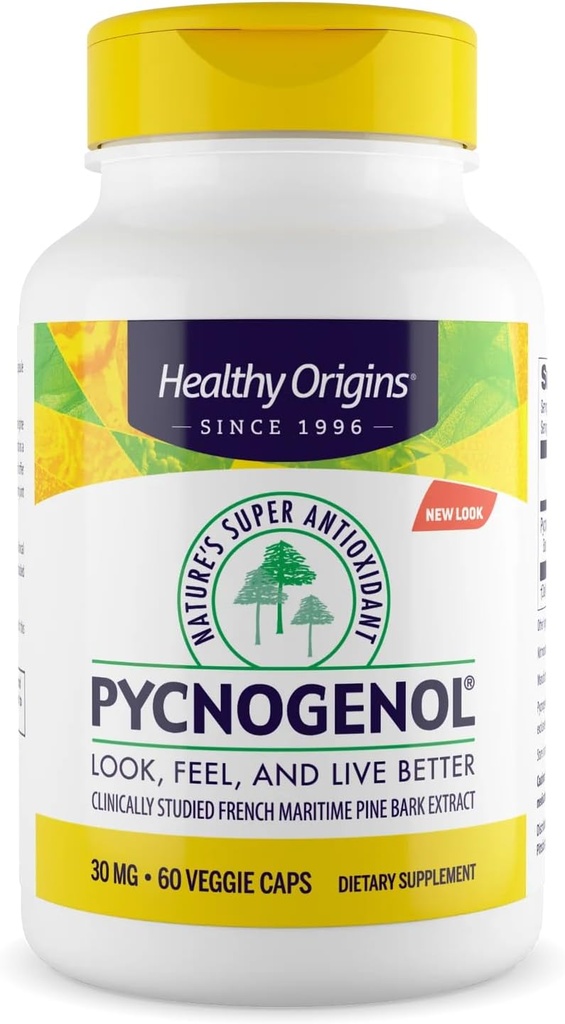 Origines saines Pycnogenol 30 mg (Super Antioxydant de la nature, non-OGM, sans gluten, soutien cardiovasculaire), 60 gélules