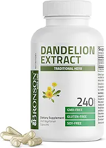 Bronson Dandelion Root High Potency Supplement, soutient une bonne santé et bien-être globale, plante diurétique traditionnelle - non-OGM, 240 capsules végétariennes