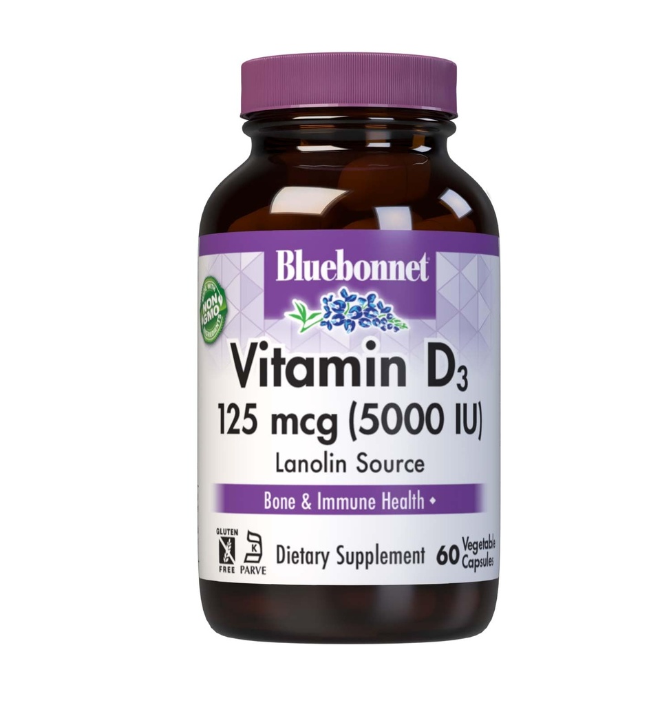 Bluebonnet Nutrition Vitamine D3 5000 UI Capsule végétale, Aide à la croissance musculaire et squelettique, Cholecalciferol de Lanoline, D3, Non OGM, Sans gluten, Sans soja, Sans lait, Casher, 60 Compte