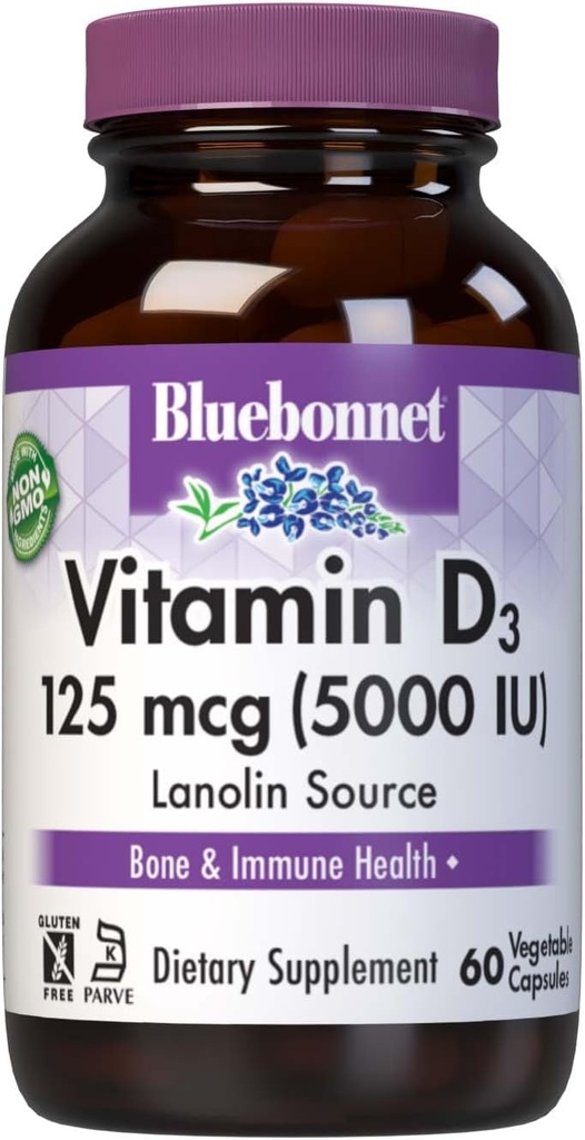 Bluebonnet Nutrition Vitamine D3 5000 UI Capsule végétale, Aide à la croissance musculaire et squelettique, Cholecalciferol de Lanoline, D3, Non OGM, Sans gluten, Sans soja, Sans lait, Casher, 60 Compte