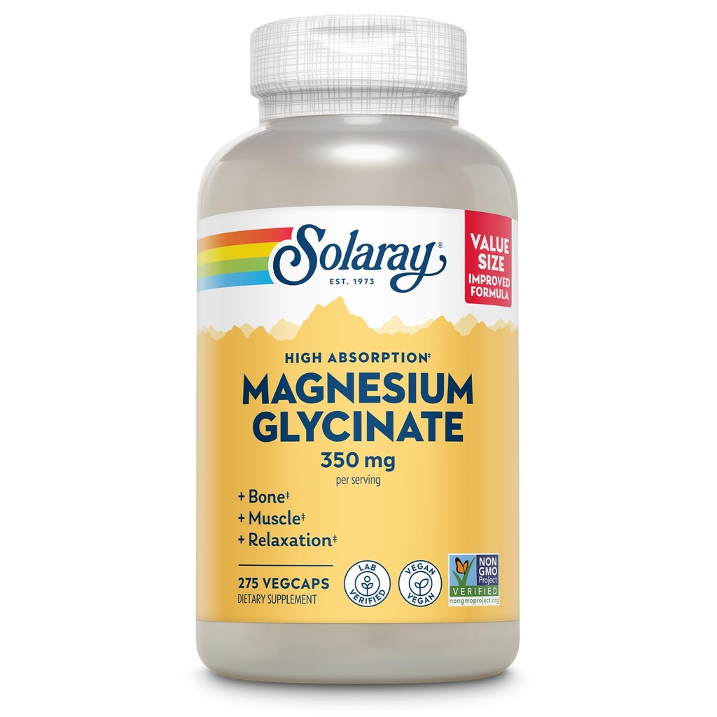 SOLARAY Glycinate de magnésium Capsules, Bisglycinate de magnésium chélaté w/BioPerine, supplément de magnésium d'absorption supérieure - os, muscles, soutien cardiaque, végétalien, 68 portions, 275 VegCaps