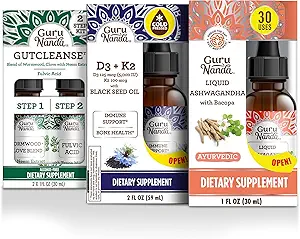 GuruNanda Total Wellness Boost avec Ashwagandha liquide, Huile de Graine Noire & GutCleanse - Aide avec l'immunité et le soin mental