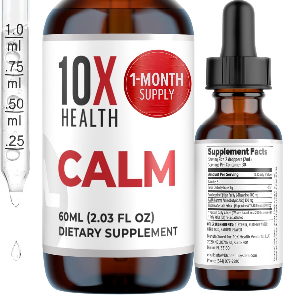 10X Santé Calm L Theanine Supplément gouttes liquides - 100mg L'Theanine gouttes et 100mg GABA suppléments pour soutenir les nerfs, le calme et le stress - saveur naturelle 2.03 Fl oz.