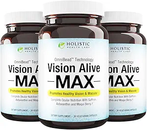 Holistic Health Labs Vision Alive Max with 8 Natural Ingredients Lutemax® 2020, Bilberry, Blueberries, c3g de Currant Noir, Maqui Berry, Safran et Astaxanthin (30 comtes (paquet de 3))