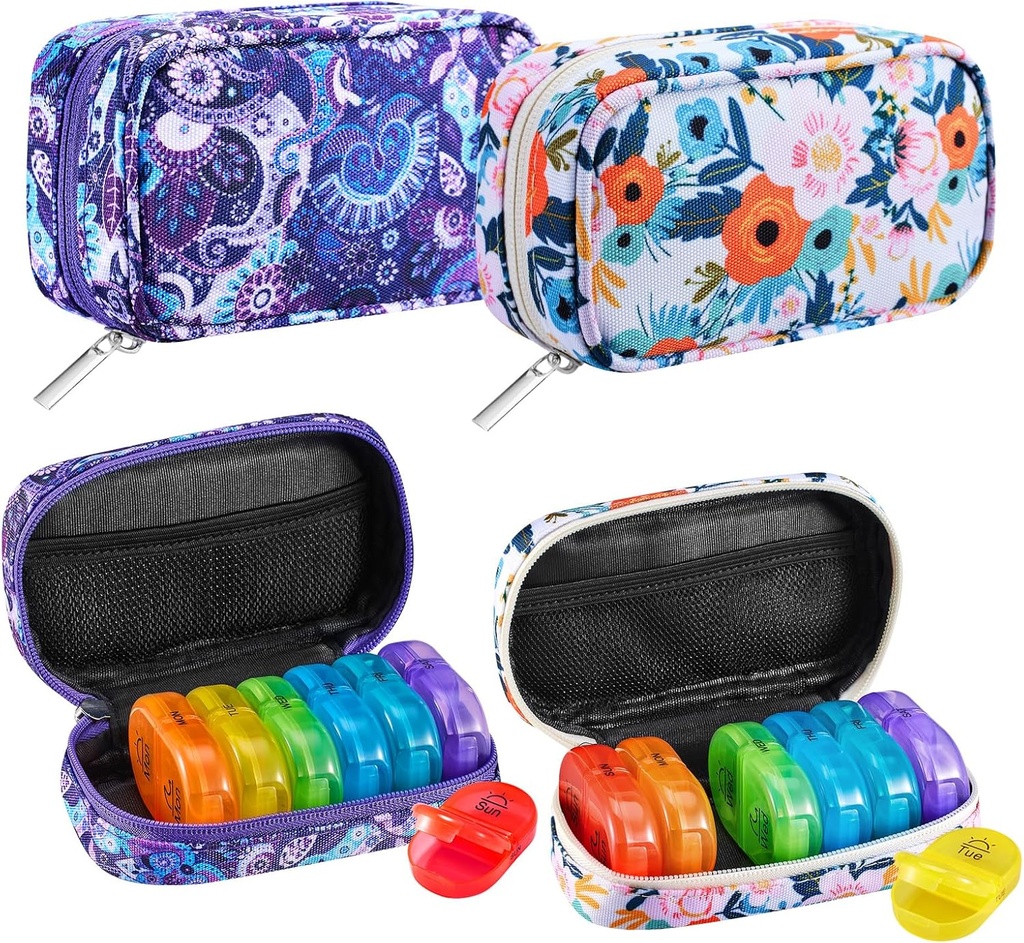 Serfeymi Weekly Travel Pill Organizer 2 Times A Day AM PM Rainbow Pill Box 7 Day with Zipper Canvas Pill Case, Medicine Organizer for Pills, Vitamins, Fish Oils - Purple 01+ Bloom 01