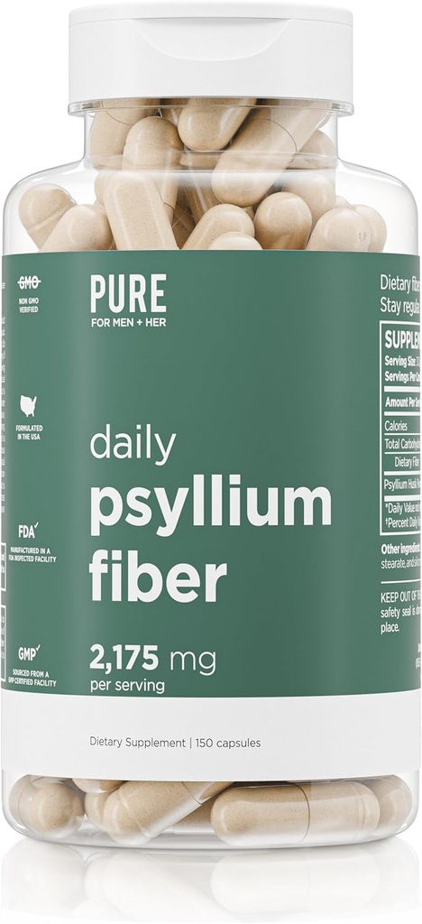 Supplément quotidien en fibre de mousse de Psyllium par Pure pour les hommes et Pure pour elle.
