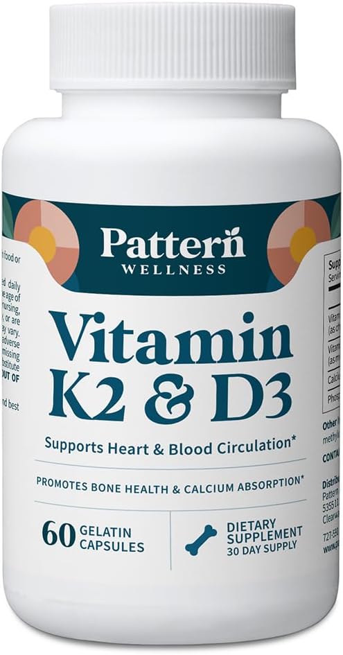 Pattern Wellness Vitamin K2 & D3 Supplement with Calcium – Bone Health, Circulatory Wellness & Immune Support - Non-GMO - 60 Capsules
