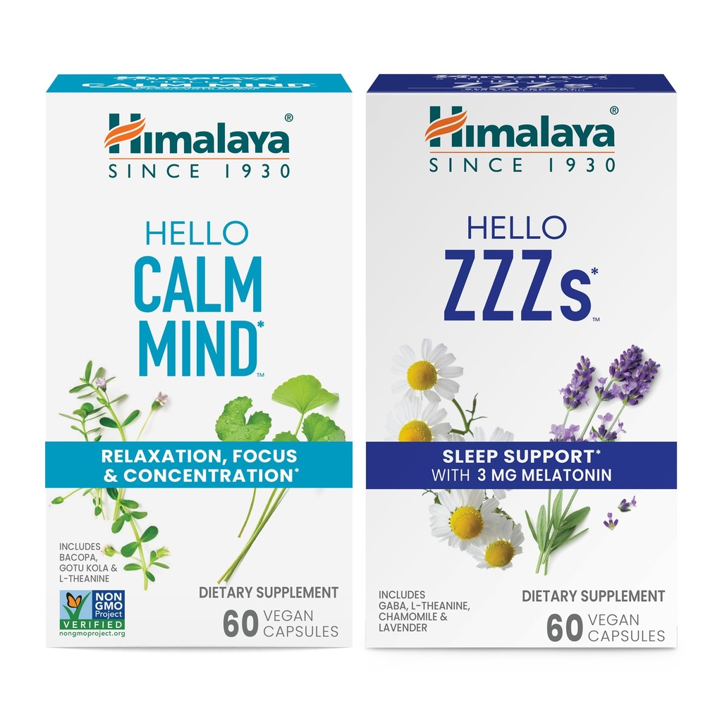 Himalaya Hello Calme Mind avec Bacopa pour la relaxation, la concentration et la concentration & Hello ZZZ avec Melatonine pour le soutien du sommeil, 60 Capsules Chaque - Bundle