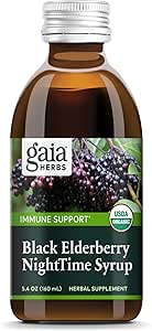 Gaia Herbs Black Elderberry, Sirop NightTime - Supplément de soutien immunitaire - Avec les mûres noires biologiques, California Poppy & Lemon Baume pour le repos et la défense immunitaire - 5.4 Fl Oz (32 jours de réserve)
