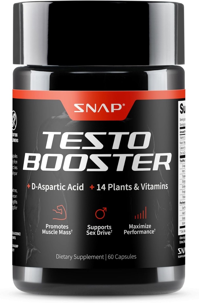 Snap Suppléments Booster testostérone pour les hommes - favorise la croissance musculaire, Booster pour les hommes, en améliorant l'énergie naturelle, l'endurance et la force, 60 capsules