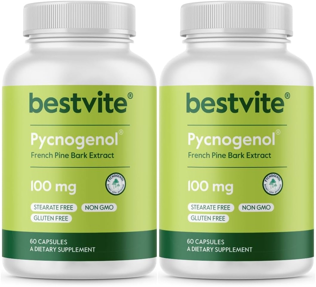 BESTVITE Pycnogenol 100mg (120 gélules) (60x2) - Extrait d'écorce de pin Maritime - Pas de stéarate - Sans gluten - Non OGM