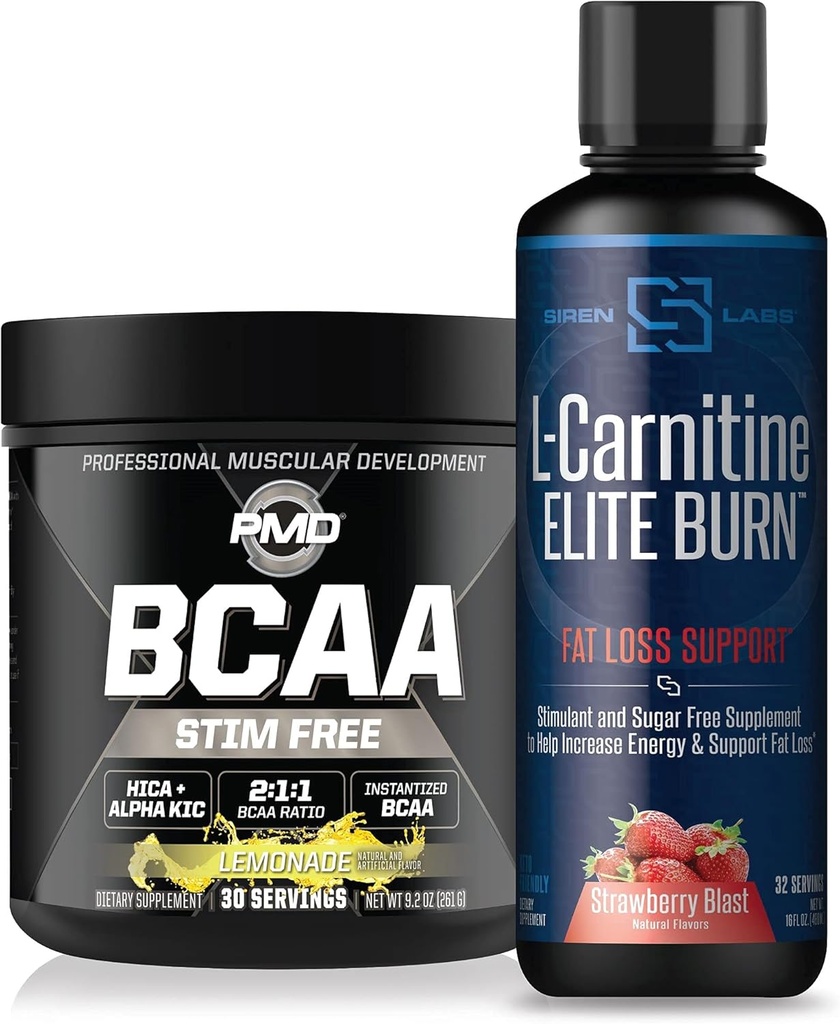 PMD Sports BCAA's Stim Free for Recovery and Performance Lemonade (30 portions) & Siren Labs L-Carnitine Elite Burn Fat Loss Support Strawberry Blast 3000 mg (32 portions)