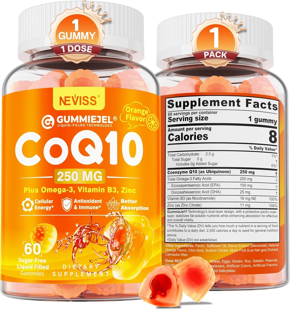 Sans sucre CoQ10-250mg / 500mg Gummies remplies - Plus Omega-3, EPA + DHA, B3 & Zinc - Ultra Co Q-10 suppléments pour la santé de l'oreille, énergie cellulaire, soutien antioxydant, jusqu'à 60 jours d'approvisionnement, végétalien 60Cts