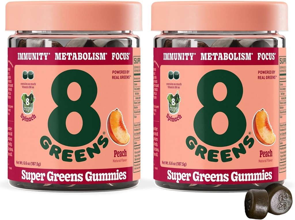 8Greens Supergreens Gummies Super Greens Poudre Superfood Gummy pour le métabolisme, l'immunité et le focus, enzymes de santé digestive, biologique: Chlorella, Spiruline, Aloe Vera, Peach Flavor, 100 Comte