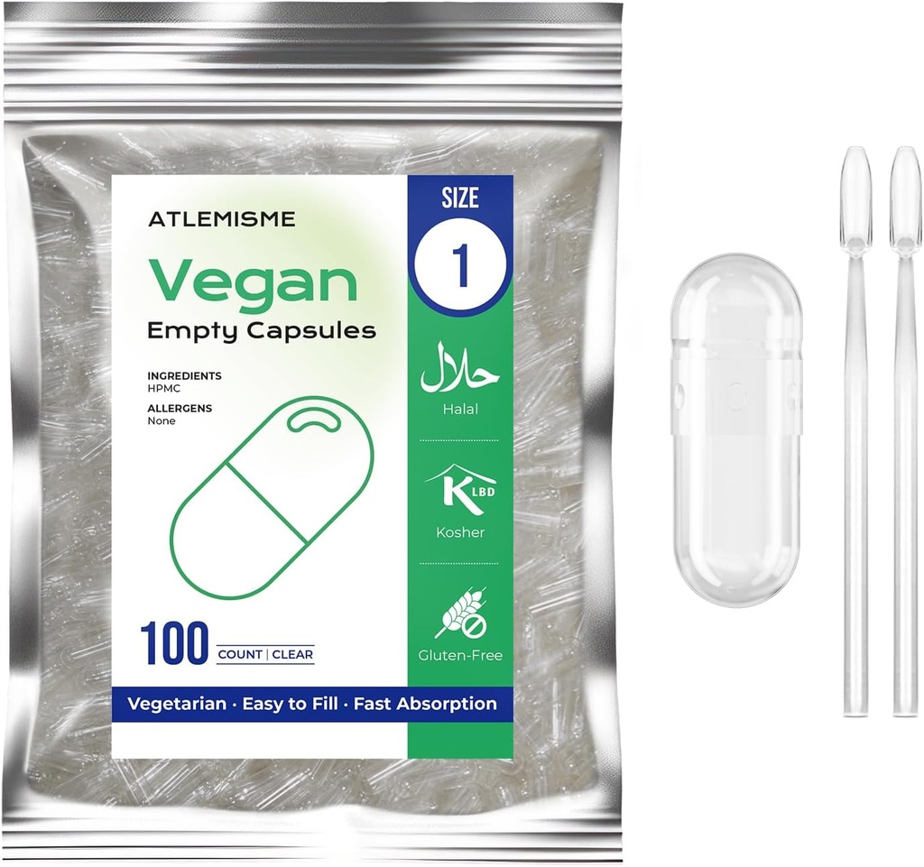 Capsules Vegan vides Taille 1 - Vide (100 Nombre) Bricolage Gélule végétale Remplissage - Bouchons de légumes avec 2 cuillères Micro Lab pour remplissage de capsules