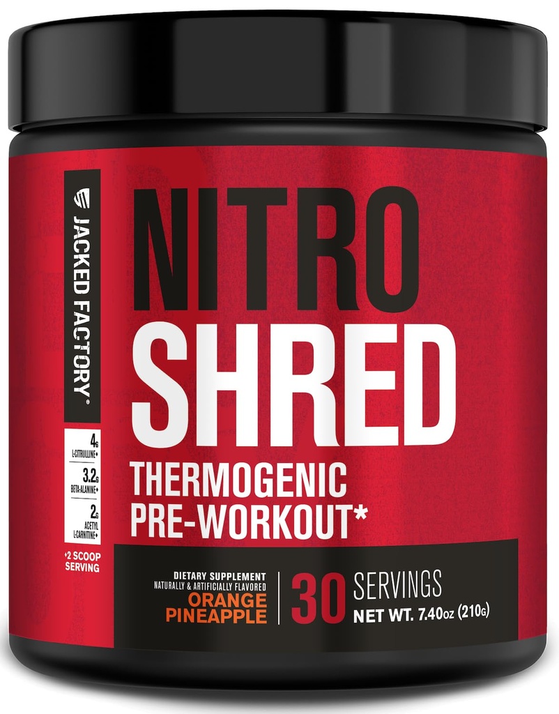 Jacked Factory NITROSURGE Shred Pre Workout Supplément - Booster d'énergie, gains de force instantanés, focale pointue, pompes puissantes - Booster d'oxyde nitrique et poudre de prétravail - 30Sv, Ananas orange