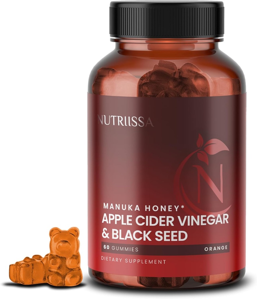 Nutriissa - Vinaigre de cidre de pomme + Huile de graines noires + Berry aîné + Gommies de miel Manuka – Nigella Sativa de graines de cumin pressées à froid – Certifié EPEB pour la pureté et la puissance – 60 Gommes d'orange