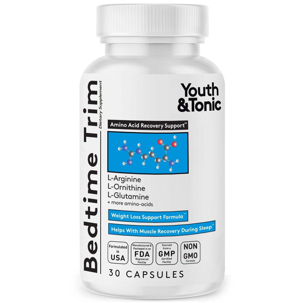 Youth & Tonic PM Bedtime Trim for Lean Appearance & Muscle Definition Support – Nighttime Amino Acids Supplement for Overnight Recovery, Men & Women, 30 Capsules