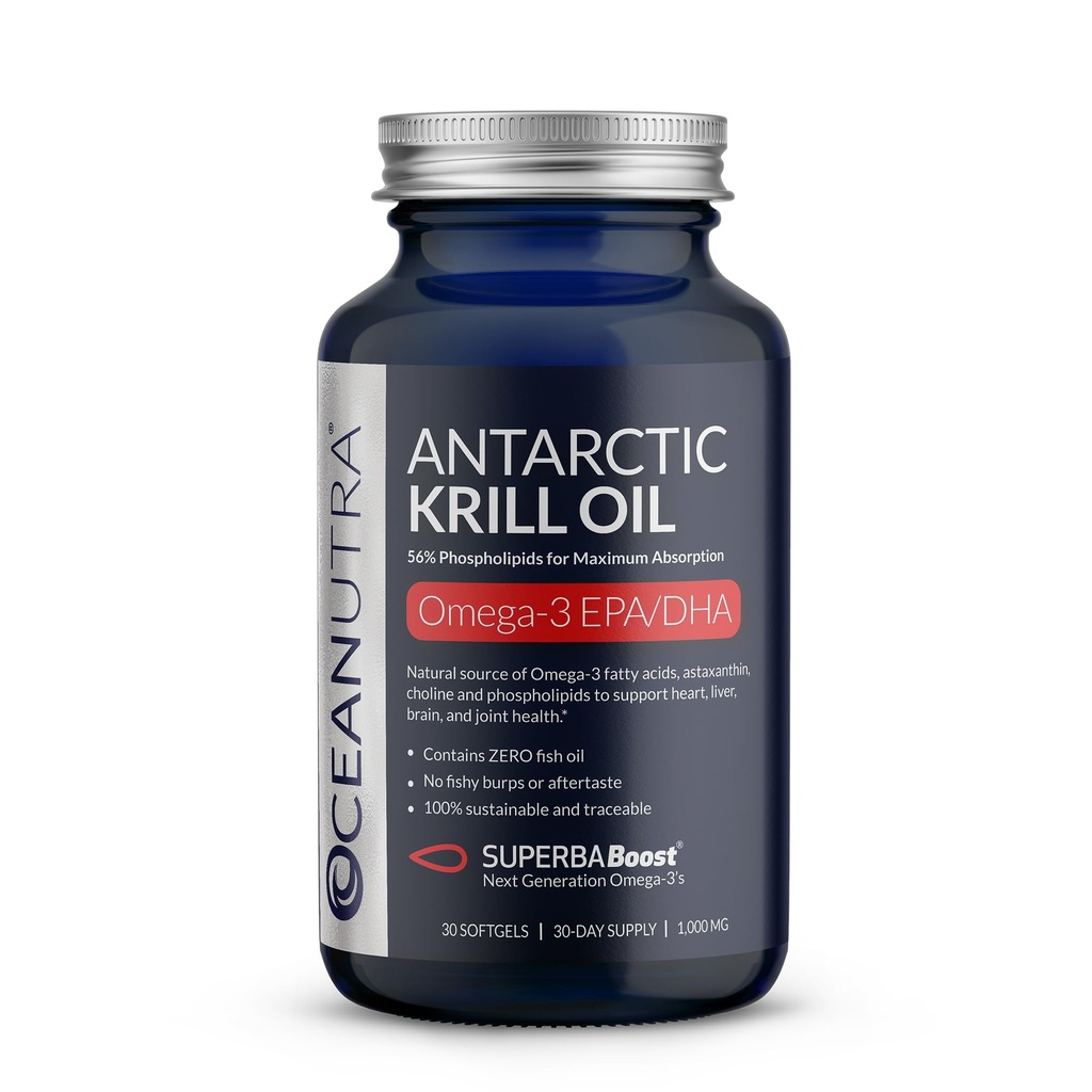 Huile de krill 100 % pure 1000mg, Omega 3, concentration maximale 56% Phospholipides, Choline & Astaxanthin, Sustainable Antarctic SuperbaBoost, DHA, EPA, Cœur, Cerveau, Eye & Skin Care, Pas d'huile de poisson