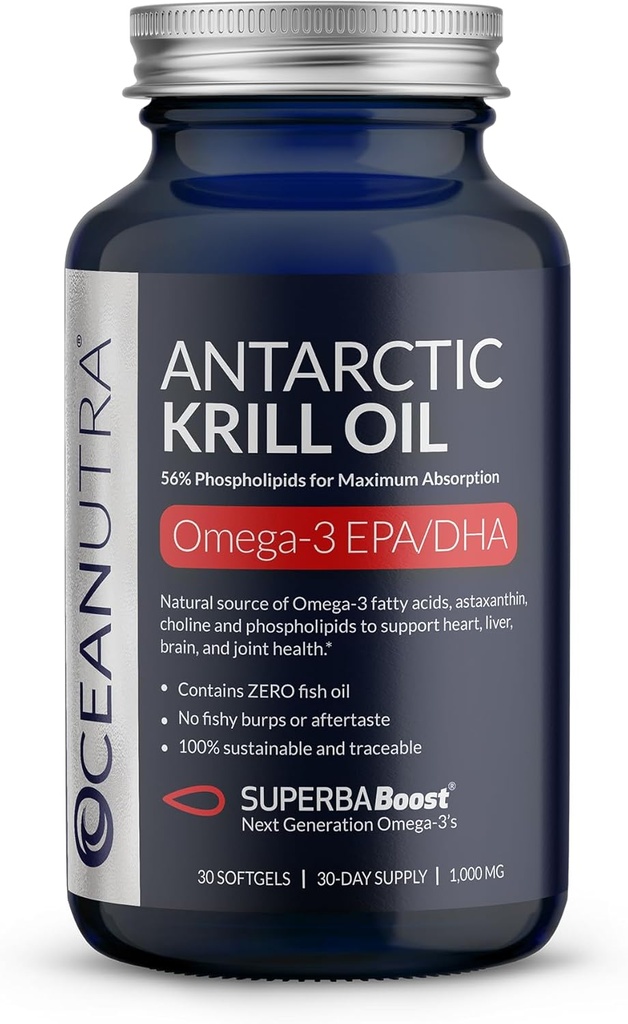 Huile de krill 100 % pure 1000mg, Omega 3, concentration maximale 56% Phospholipides, Choline & Astaxanthin, Sustainable Antarctic SuperbaBoost, DHA, EPA, Cœur, Cerveau, Eye & Skin Care, Pas d'huile de poisson