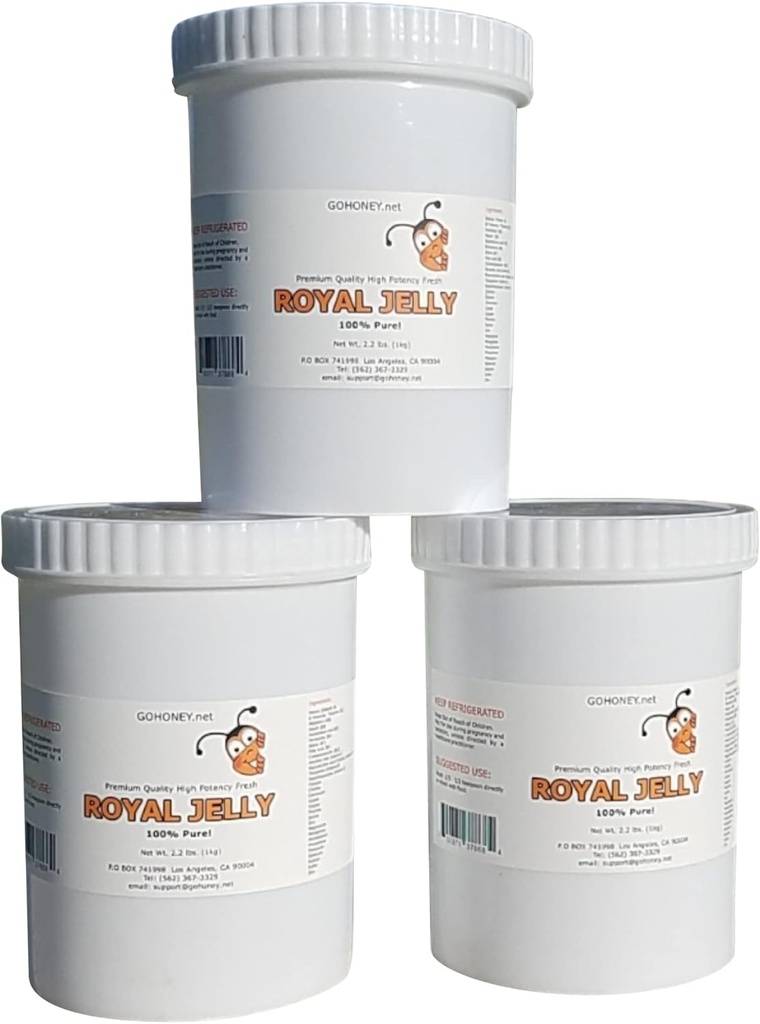 Royal Jelly Organic – Supplément d'énergie Royal Jelly brut non filtré pour les hommes et les femmes – Supplément de soutien immunitaire avec rétinol, vitamine B, biotine, niacine, – 3x2,2 Lbs, pot en plastique
