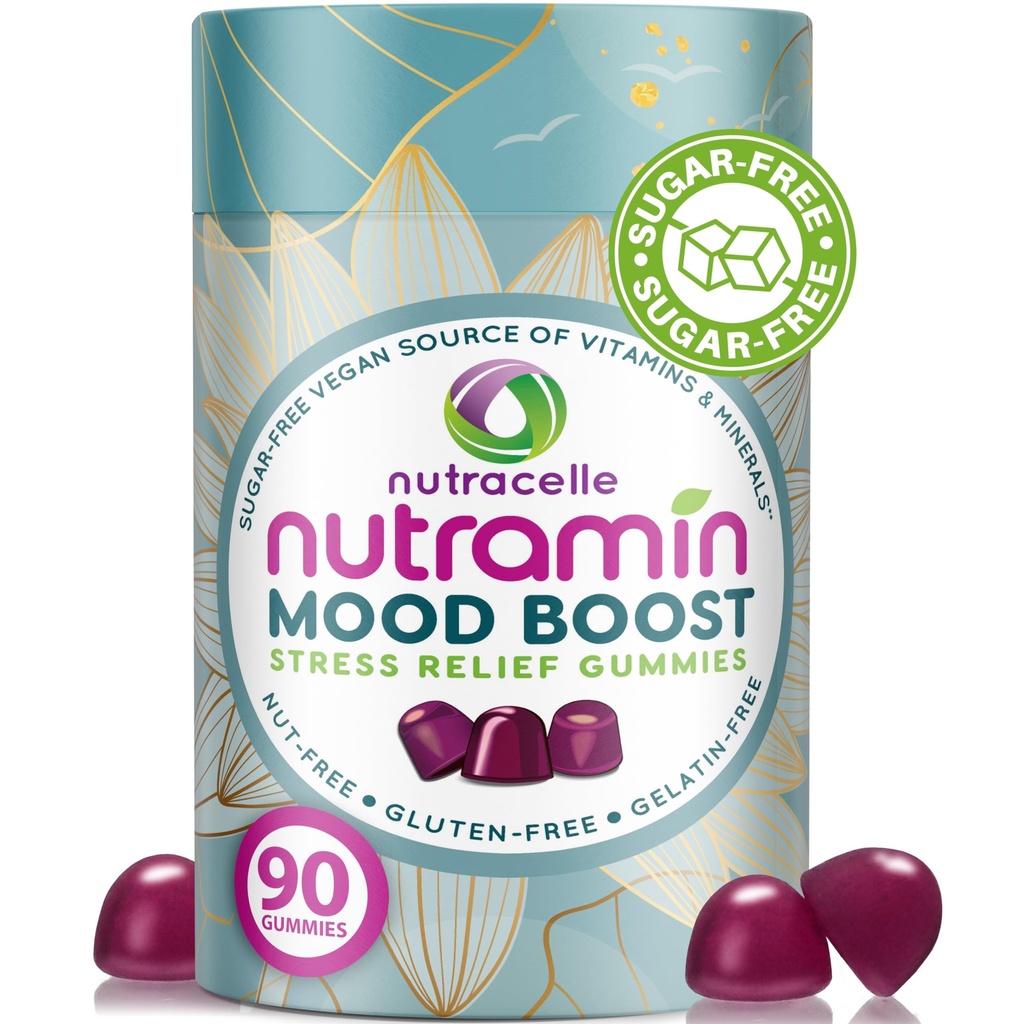 NUTRAMIN Mood Boost Multivitamine Gummy - Delicious & Yummy Anti-Stress Magnésium Ashwagandha Gummies + B Vitamines complexes pour le focus et le calme - sans sucre, végétalien, sans gluten, sans allergène-safe (90 comte)