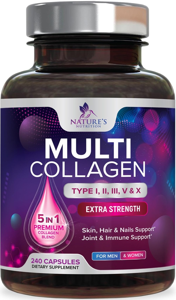 Multi Collagen Pills - Multi Collagen Complex 2400 mg Per Serving - Types I, II, III, V, X - Hydrolyzed Collagen Peptides Supplement - Hair, Skin & Nail Support - Bottled in the USA - 240 Capsules
