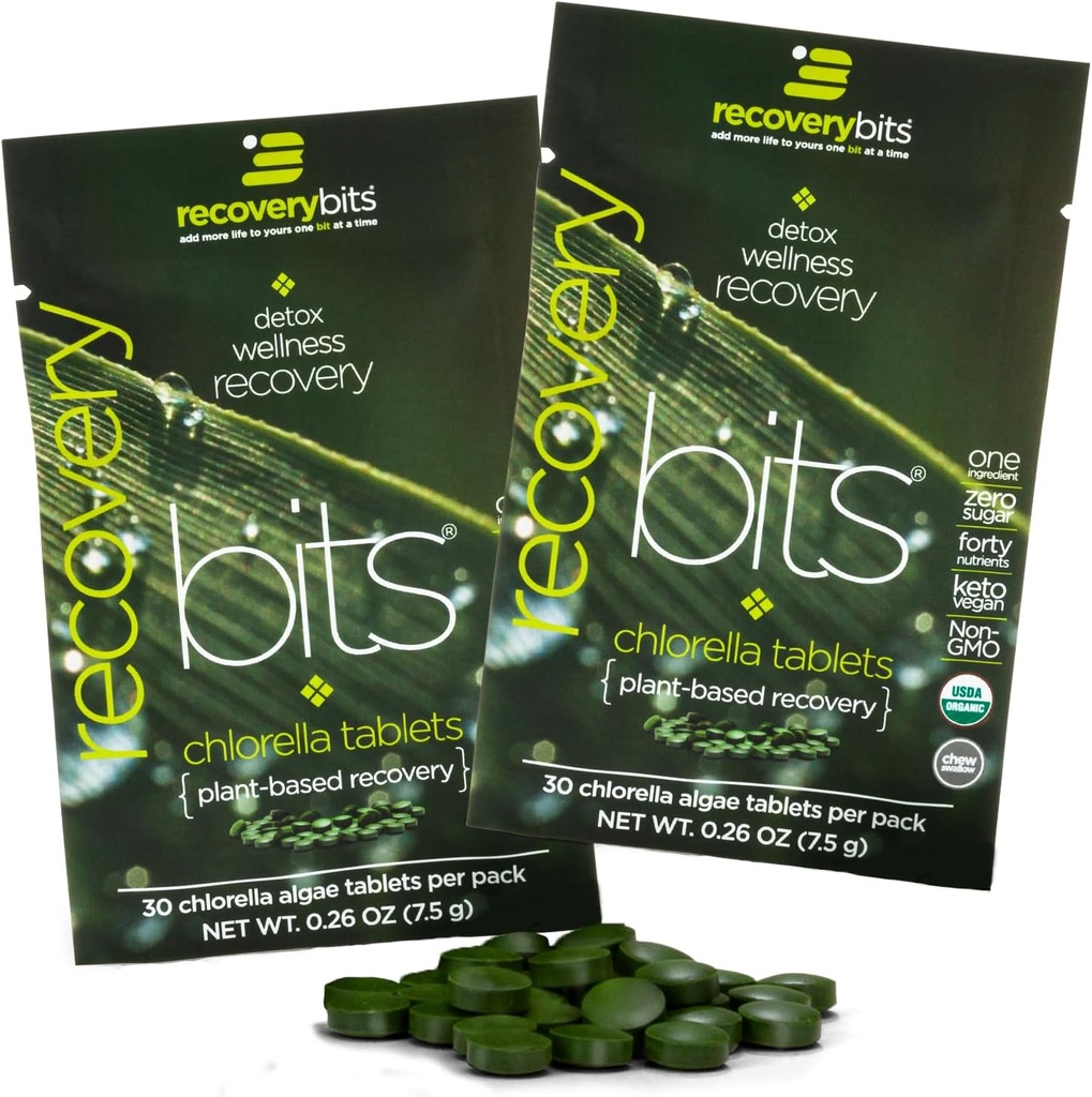 RECOUVERYbites Comprimés organiques de Chlorella Algae, Superfood, Algae Vert pur, Haute protéine et fibre, Chlorophylle, Cracked Cell Wall Non irradié, pour Immune Boosting et Detox, Non-OGM, 60 comprimés
