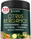 6in1 Citrus Bergamot Supplement with Ashwagandha, Holy Basil, Turmeric & Ginger Root - Healthy Aging, Immune & Relaxation - 120 Vegan Capsules