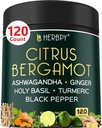 6in1 Supplément d'agrumes Bergamote avec Ashwagandha, Saint Basilic, Turmeric & Ginger Root - Vieillissement en santé, Immune et relaxation - 120 Capsules Vegan