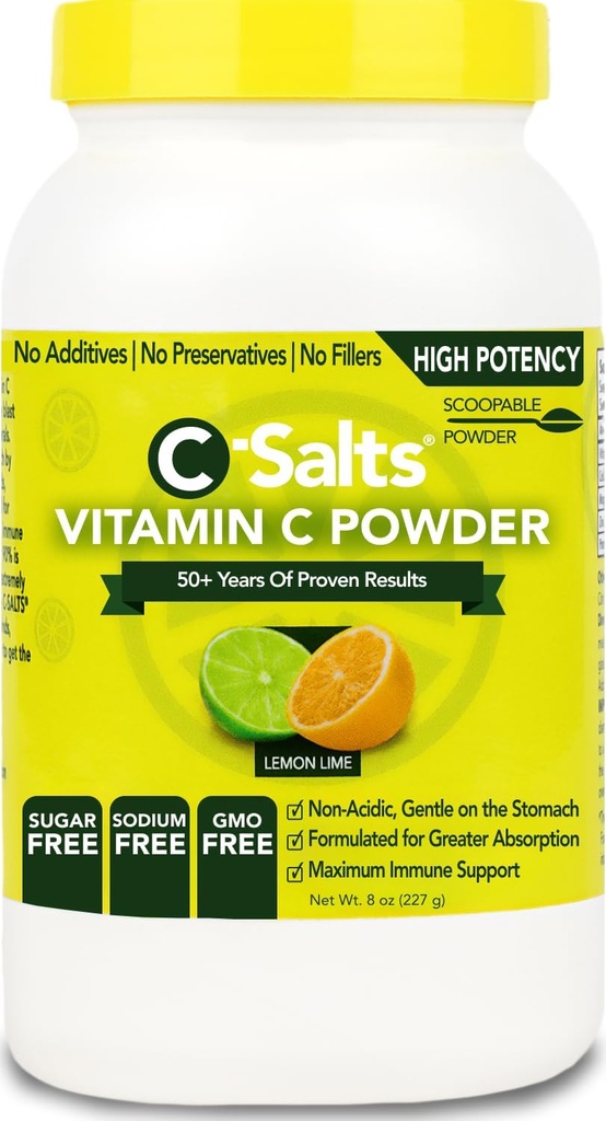 C-Salts Vitamin C Powder Supplement - 100% Pure High Dose Buffered Vitamin C Powder for Immune Support - Organic, Sugar-Free, Vegan, Non-GMO, Stomach-Friendly, Lemon Lime 8oz