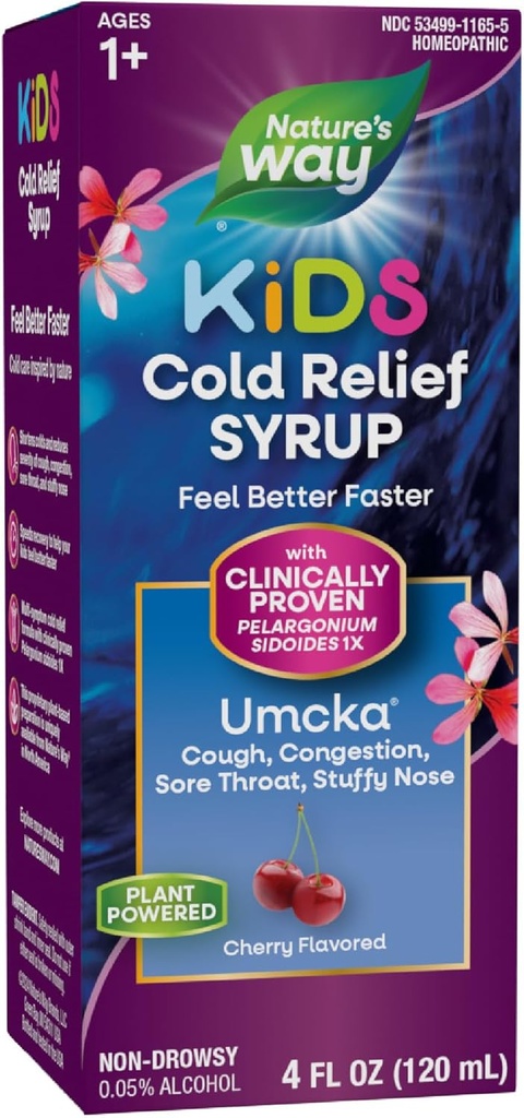 Nature's Way Cold Relief Syrup for Kids 1+, Umcka, raccourcit la durée et réduit la gravité, multisymptômes Cold Relief, homéopathique, sans phenylephrine, cerise aromatisée, 4 Fl Oz (paquetage May Vary)