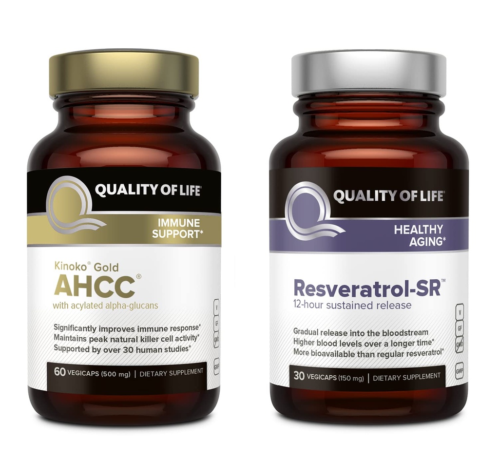 Qualité de vie - sections en vedette Kinoko Gold AHCC et Resveratrol SR Formule de libération prolongée - Immune, ensemble de vieillissement en santé