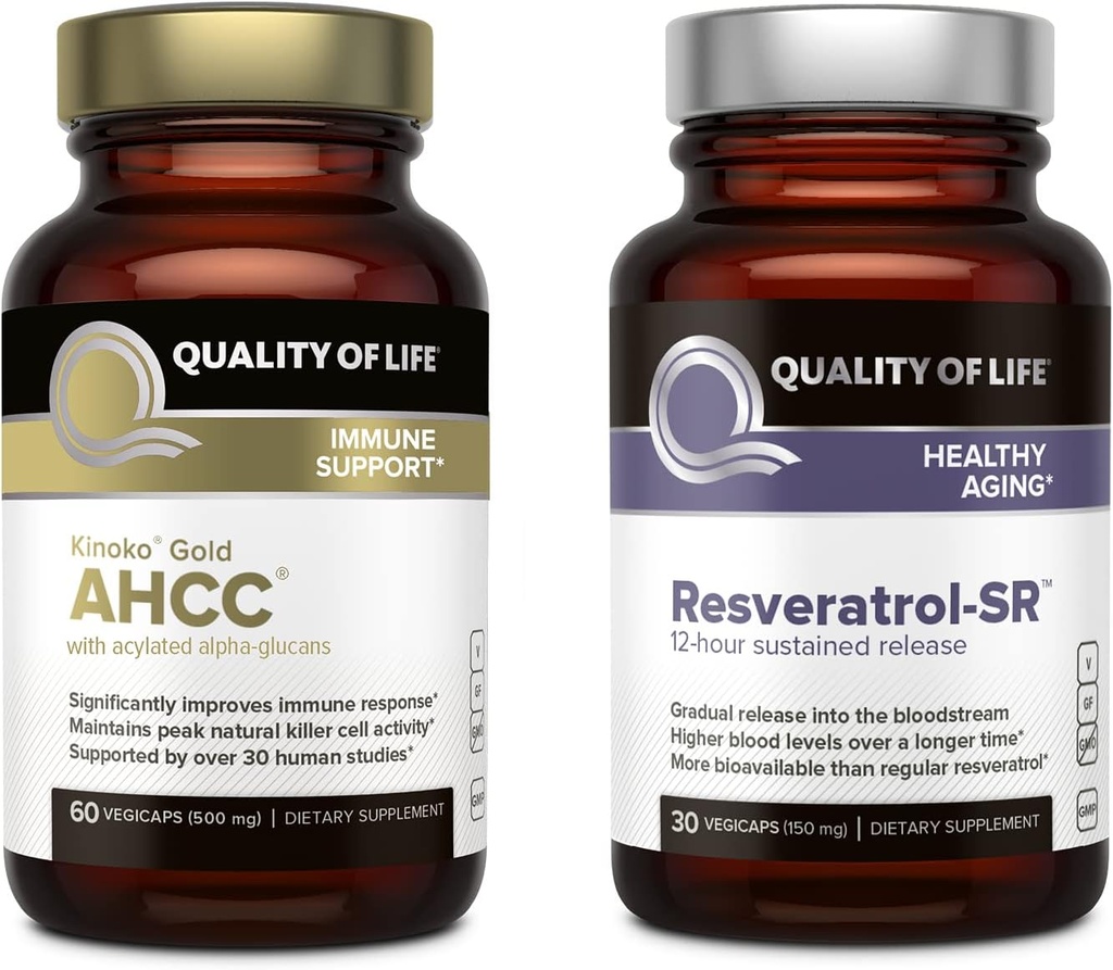 Qualité de vie - sections en vedette Kinoko Gold AHCC et Resveratrol SR Formule de libération prolongée - Immune, ensemble de vieillissement en santé