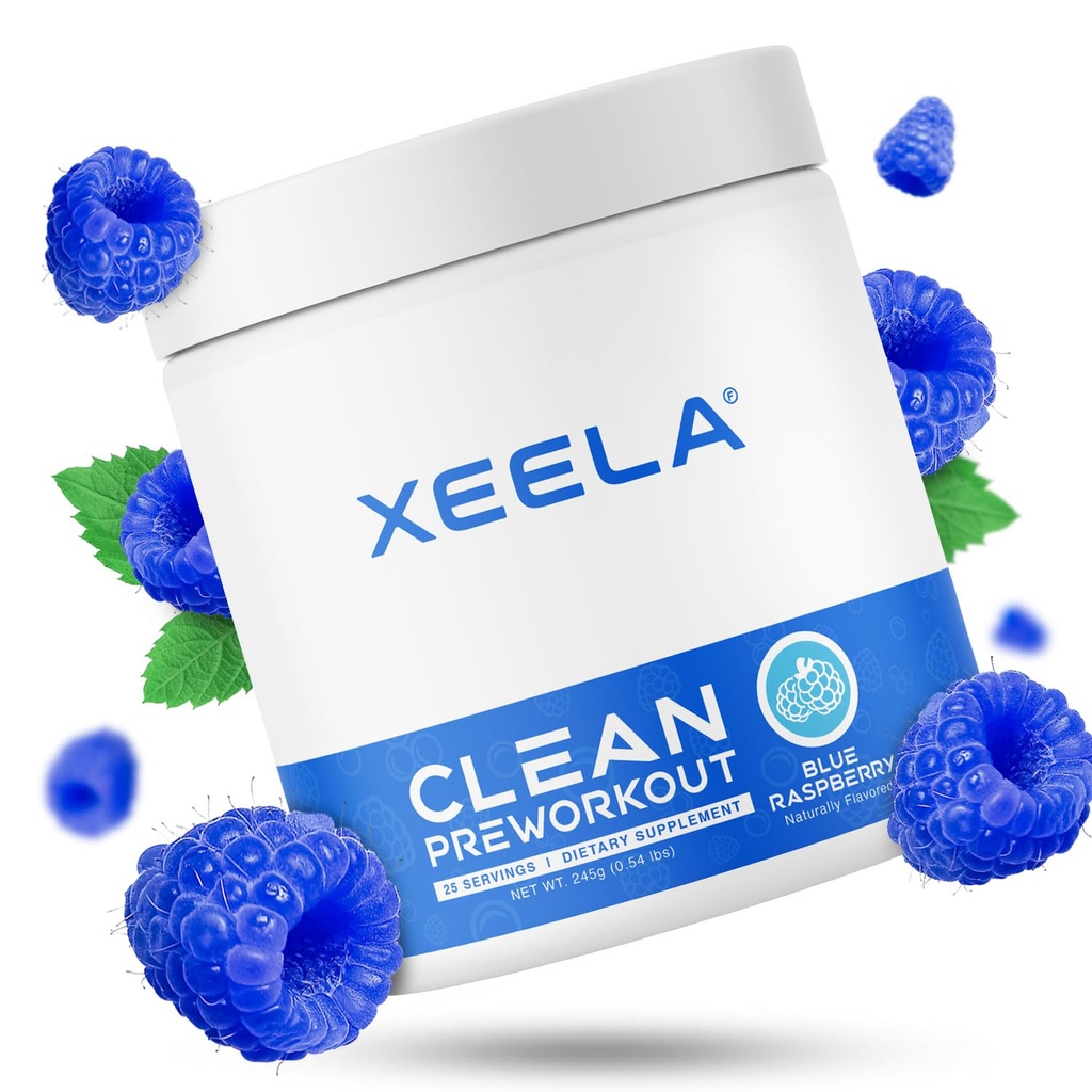 Poudre de pré-entraînement XEELA - propre et testé - sans jitter, sûr et naturel - Augmenter l'énergie thermogénique, la concentration et l'endurance avec/créatine, caféine biologique et citrulline à base végétale (framboise bleue)