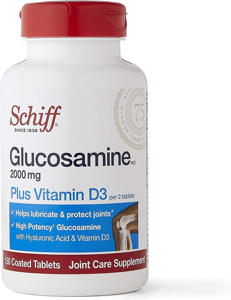 Schiff Glucosamine avec vitamine D3 et acide hyaluronique, 2000mg de Glucosamine, supplément de soins articulaires aide à lubrifier et protéger les articulations*, 150 Compte (paquet de 2)